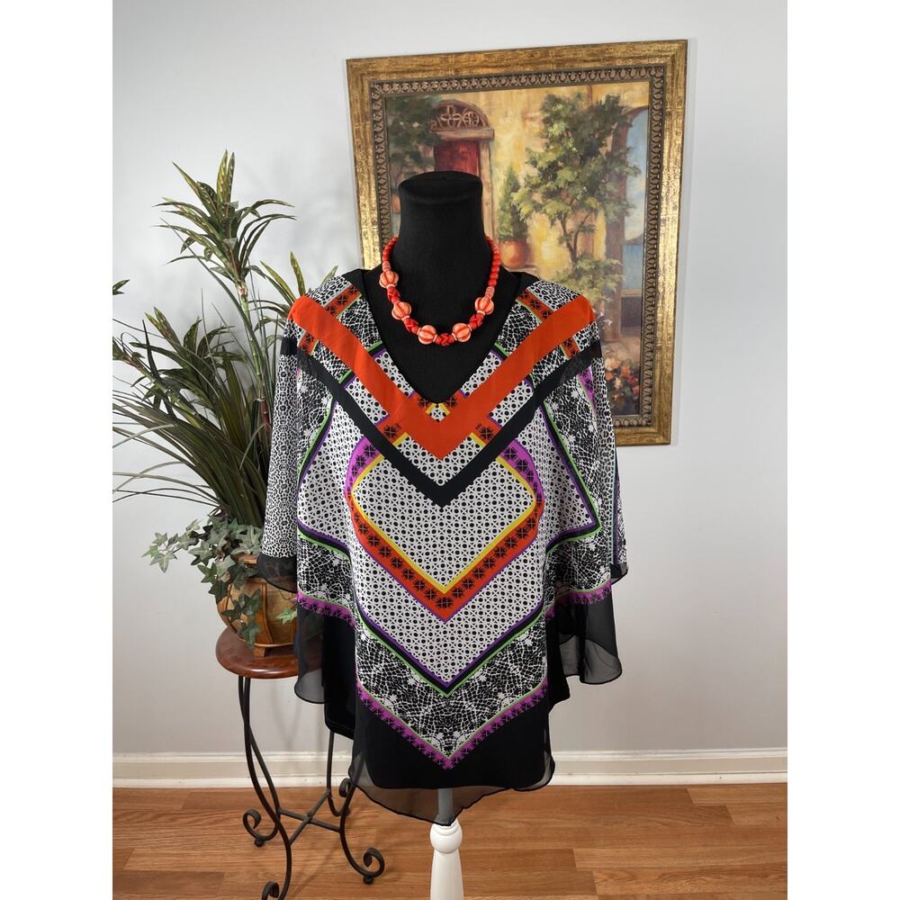 Sara Michelle Poncho Top Womens 1X Multi Geometric V Neck Art Deco Eclectic Bold
